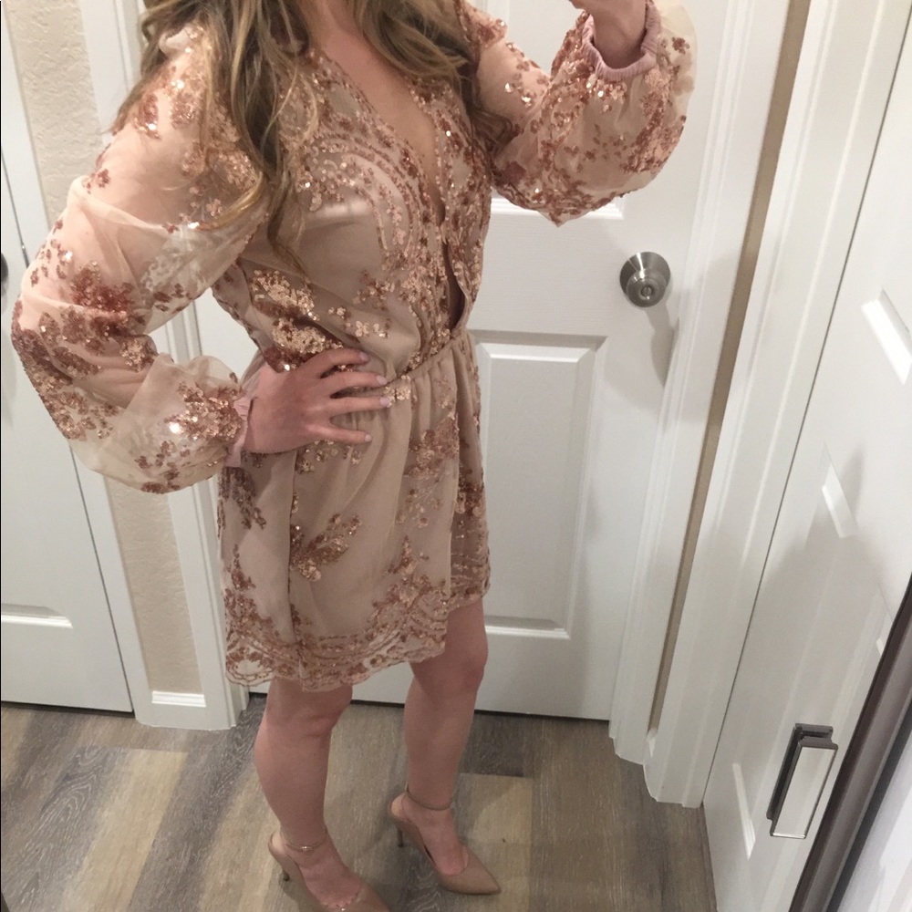 Sheer Nude Rose Gold Sequin Patterned Romper SizeM